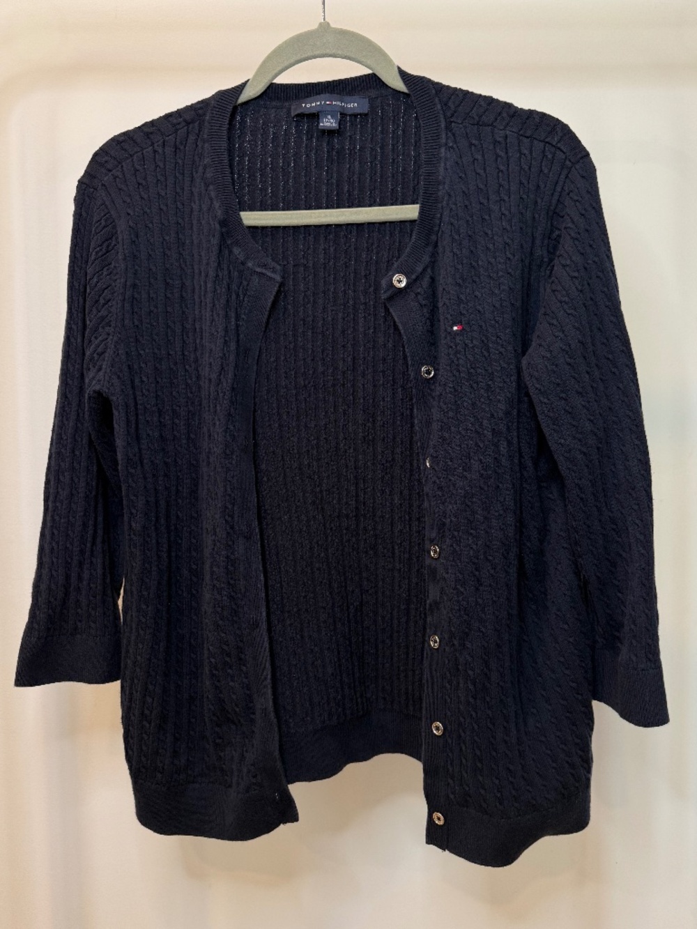 Womens Tommy Hilfiger Cable Knit Crew Neck Cardigan Sweater - Navy Blue